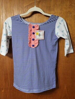 Be Girl Clothing Girls Size 12T Navy Striped Top Floral Sleeves Coral (0965)